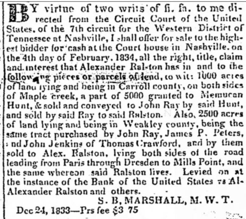 Weakley County Tax Records Ralston/Raulston/Rolston, Alexander/Alex